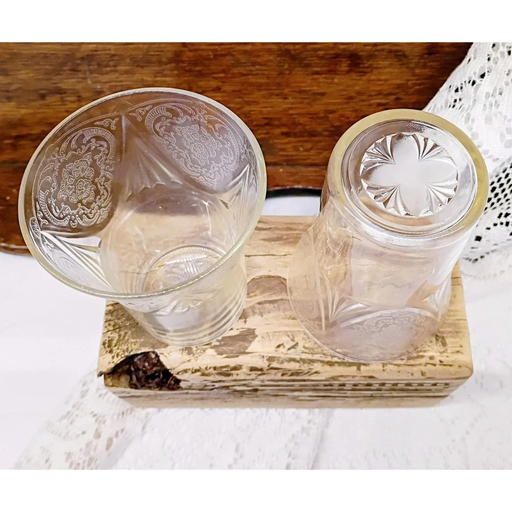 Vintage Etched Clear Glass Juice Tumblers Floral Scroll Pattern Set of 2 4 inch